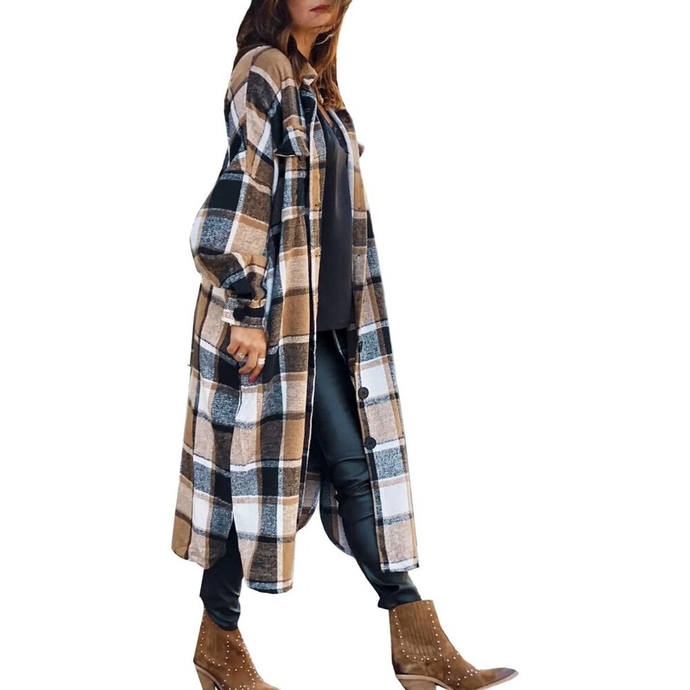 Stylish Brown Flannel Plaid Shacket - Oversized Button-Down For All Seasons